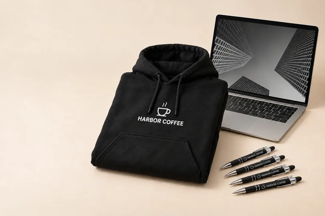 A folded black hoodie printed with a Harbor Coffee logo, four black pens engraved with the same logo, and a laptop