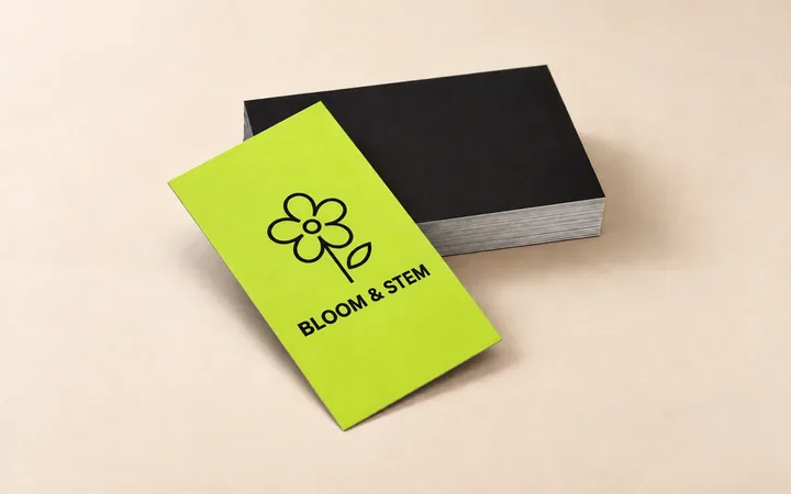 Business cards printed with a Bloom & Stem flower logo
