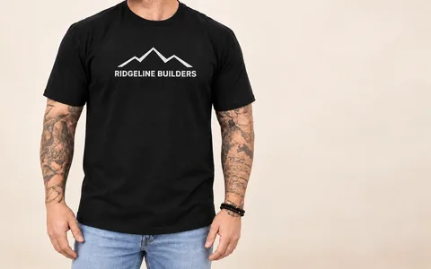 A man wearing a black t-shirt printed with a Ridgeline Builders logo