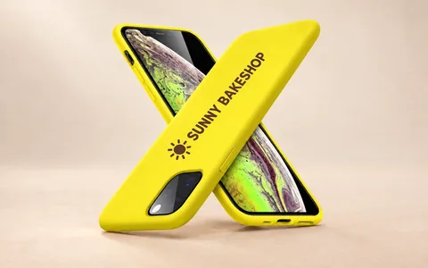 Two yellow silicone phone cases, one printed with a Sunny Bakeshop logo