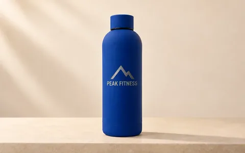A blue water bottle engraved with a Peak Fitness logo