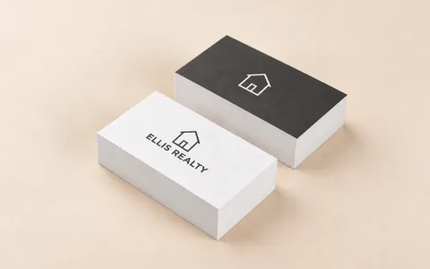 Two stacks of business cards, one white printed with an Ellis Realty logo and one charcoal with a house mark