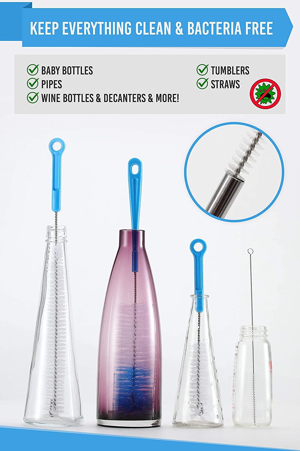 Ultimate 5 Pack Bottle Cleaner Brush Set, Long Handle Bottle