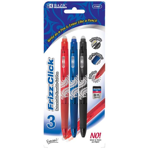 Assorted Color Erasable Gel Retractable Pen with Grip (3/Pack) The