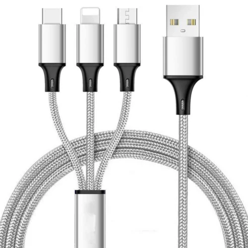 3 IN 1 USB Cable Features 8 Pin, V9 & C Type