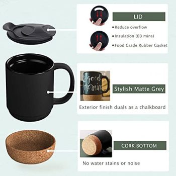 15oz Insulated Ceramic Cup Cork Bottom Large Lid Coffee Mug Black