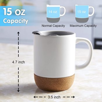 15oz Insulated Ceramic Cup Cork Bottom Large Lid Coffee Mug White