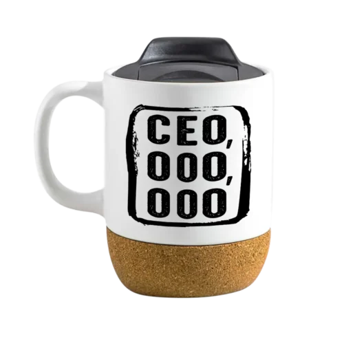 CEO,OOO,OOO 15oz Insulated Ceramic Cup Cork Bottom Mug - White