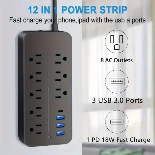 Power Strip Surge Protector - 8 Outlets, 3 USB Ports & 1 USB-C Port
