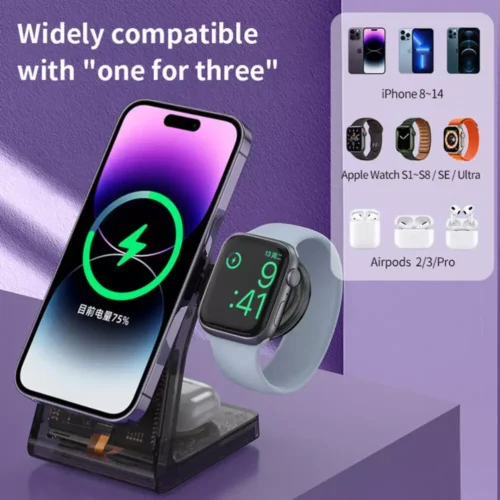 3-in-1 Transparent Wireless Charger Stand for iPhone 14/13, iWatch, AirPods