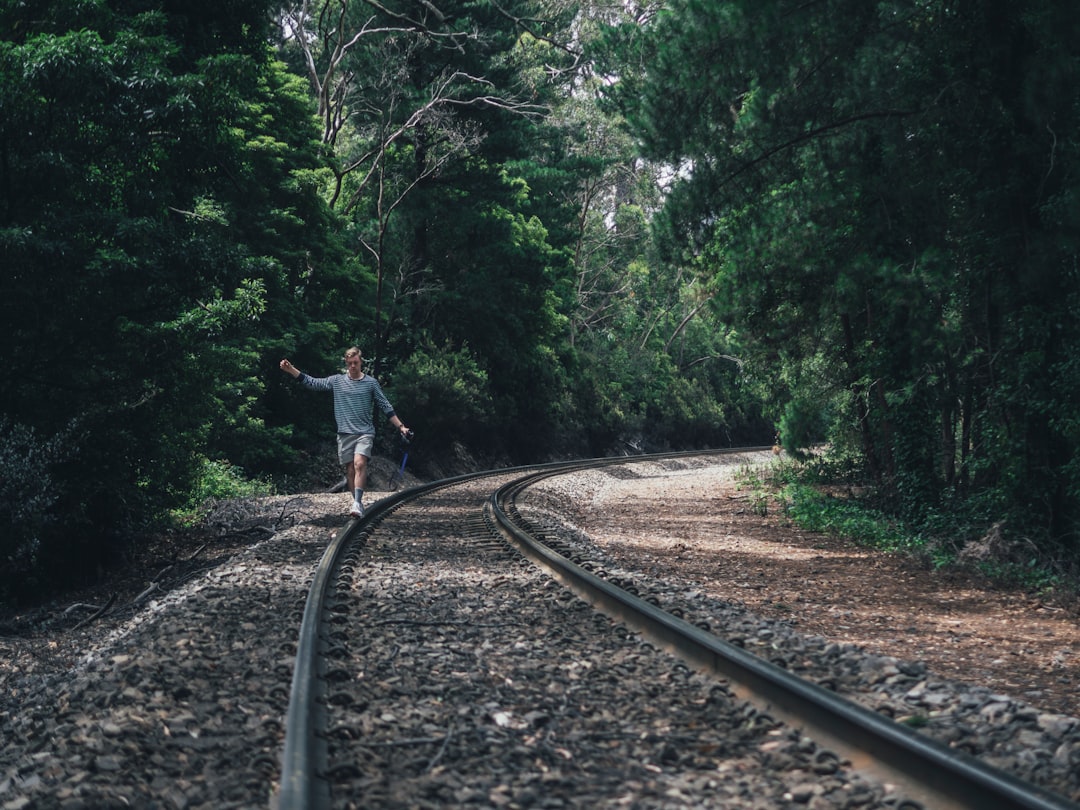 person walking through train rails between forest during daytime