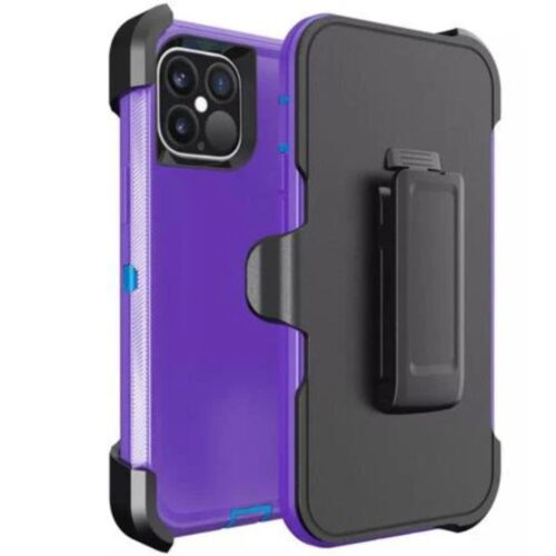 Purple and black phone case featuring a sturdy design with a belt clip attachment.