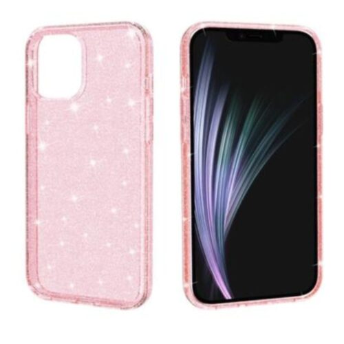 Pink glitter phone case with sparkles, displayed next to a phone screen showing colorful graphics.