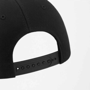 Black cap with adjustable plastic strap