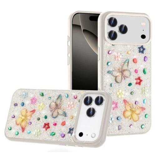 White Color Butterfly Ornaments Diamond Bling Glitter Hybrid Case for iPhone 17 Pro Max