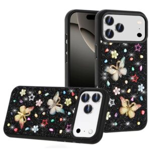 Black Color Butterfly Ornaments Diamond Bling Glitter Hybrid Case for iPhone 17 Pro Max