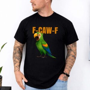 Man wearing black T-shirt with colorful parrot graphic and F-CAW-F text