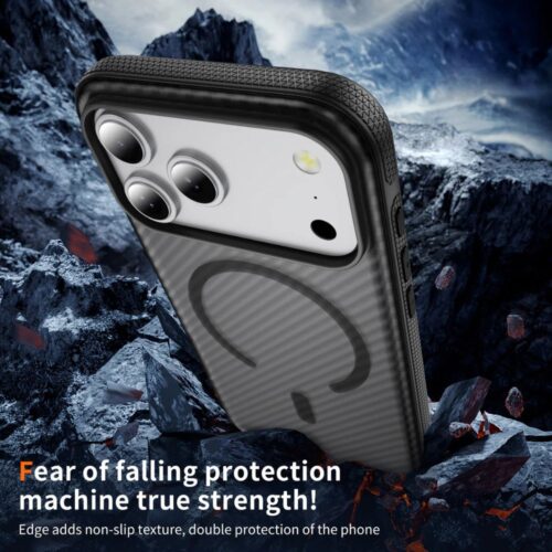 Shockproof rugged phone case with non-slip textured edge for drop protection.