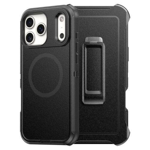 Black phone case with dual camera cutouts and a rotating belt clip on the back.