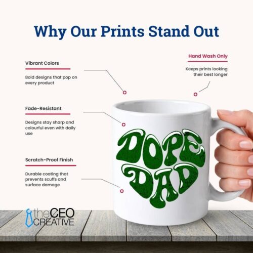 Dope Dad printed coffee mug with fade resistant vibrant design
