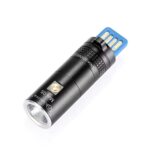Compact black flashlight with a textured grip, designed for portability.