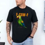 Man wearing a black t-shirt with a colorful parrot graphic and the text "F-GAW-F."