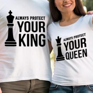 Couple wearing matching king queen chess graphic t-shirts