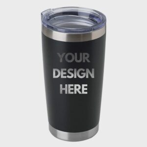 Black stainless steel tumbler with a clear lid and customizable text "YOUR DESIGN HERE."