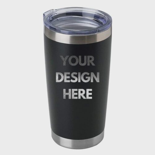 Black stainless steel tumbler with a clear lid and customizable text "YOUR DESIGN HERE."