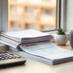 A stack of supplier invoices on a desk with a calculator and a mug