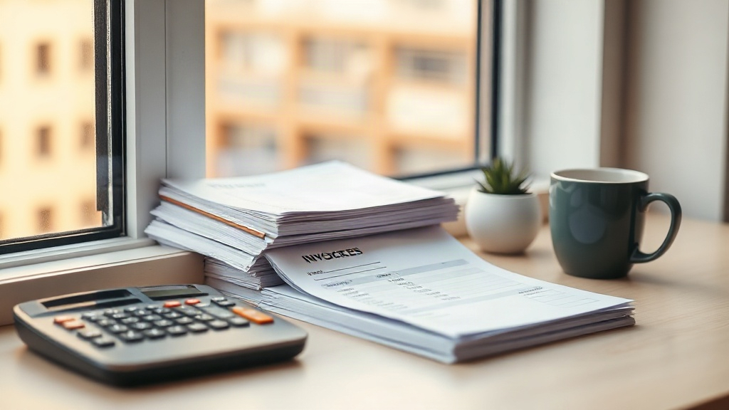 A stack of supplier invoices on a desk with a calculator and a mug