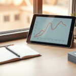 A tablet showing a rising chart on a desk with a notebook and business cards