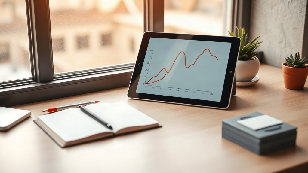 A tablet showing a rising chart on a desk with a notebook and business cards