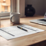 A printed business credit report on a desk beside a pen and coffee mug
