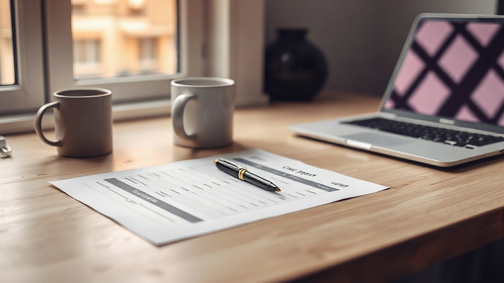 A printed business credit report on a desk beside a pen and coffee mug
