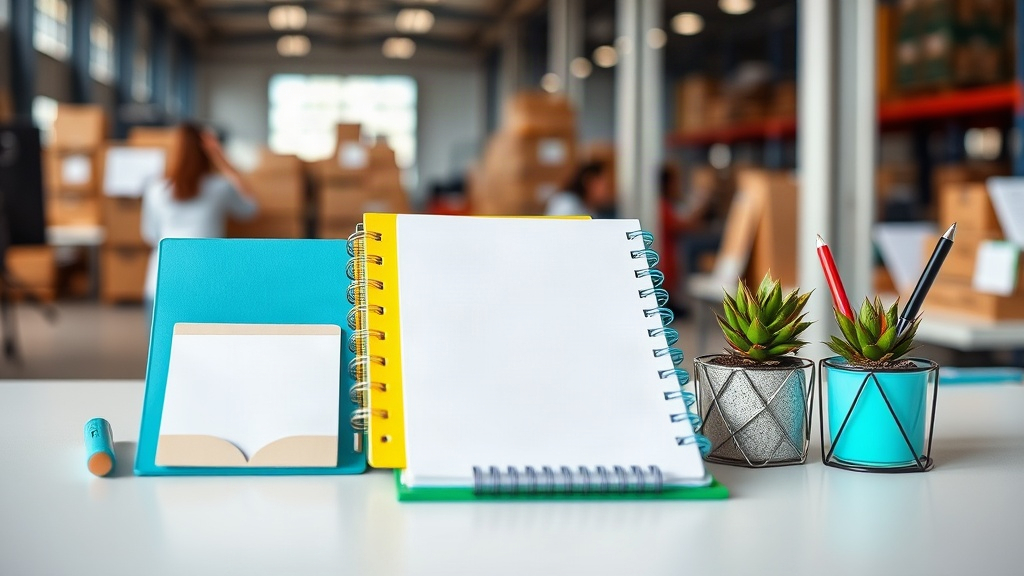 Flat-lay of cool and fun office supplies including a colorful organizer, notebook, and desk plant