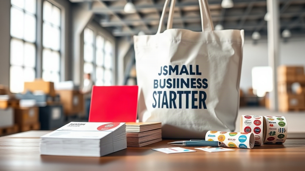 Small business marketing materials: business cards, tote bag, pen, and stickers