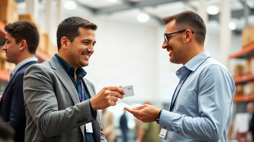 Two professionals exchanging a business card at a networking event