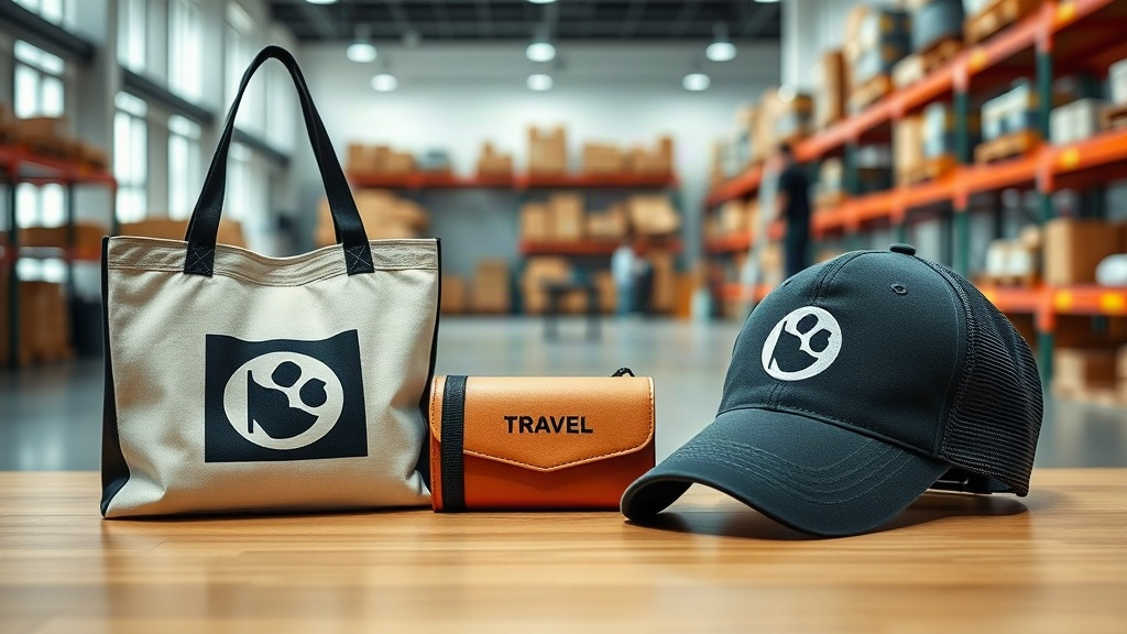 Custom logo applied to promotional products including a tote bag, water bottle and travel accessory